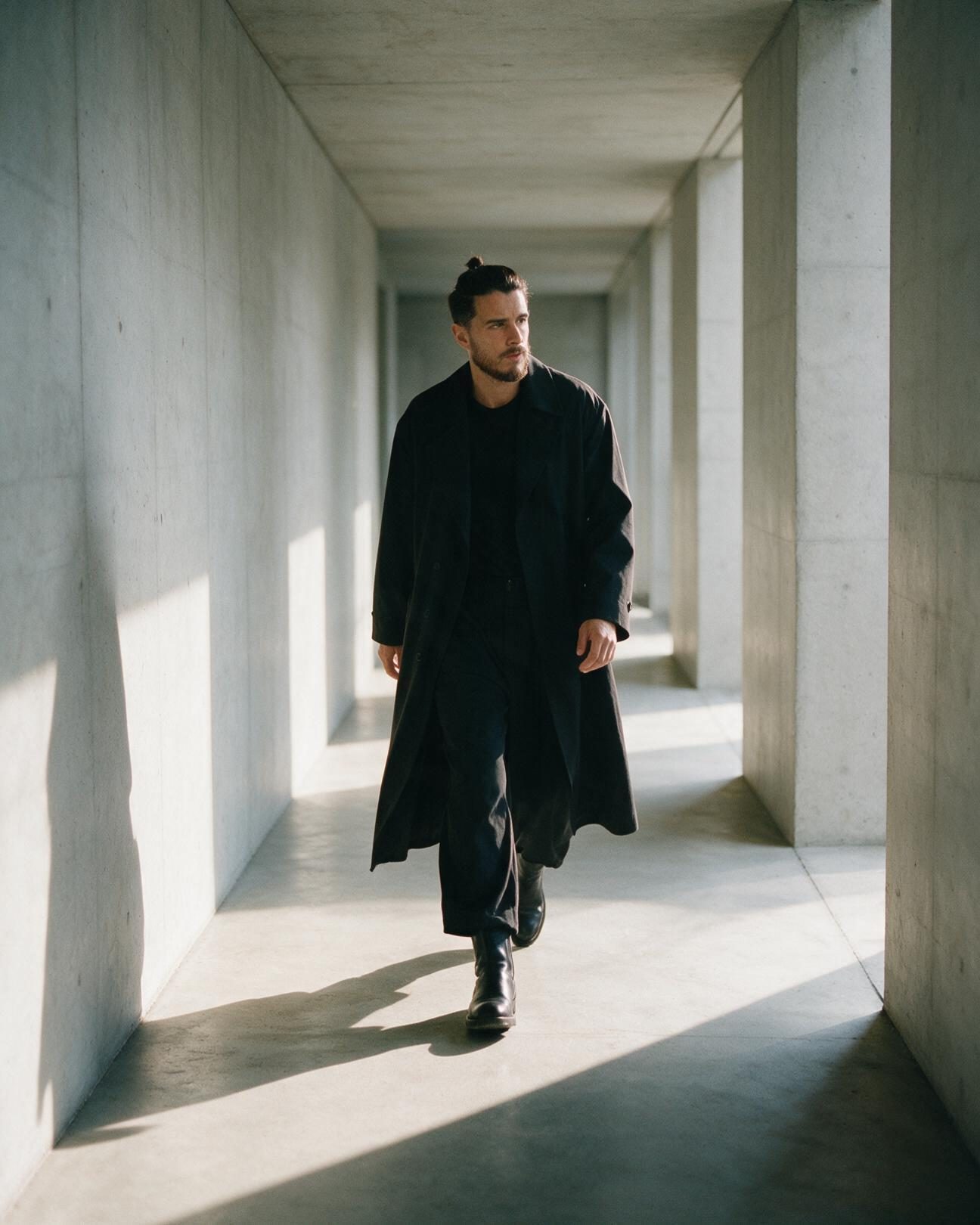 Xavier Roca walking through a sunlit concrete corridor