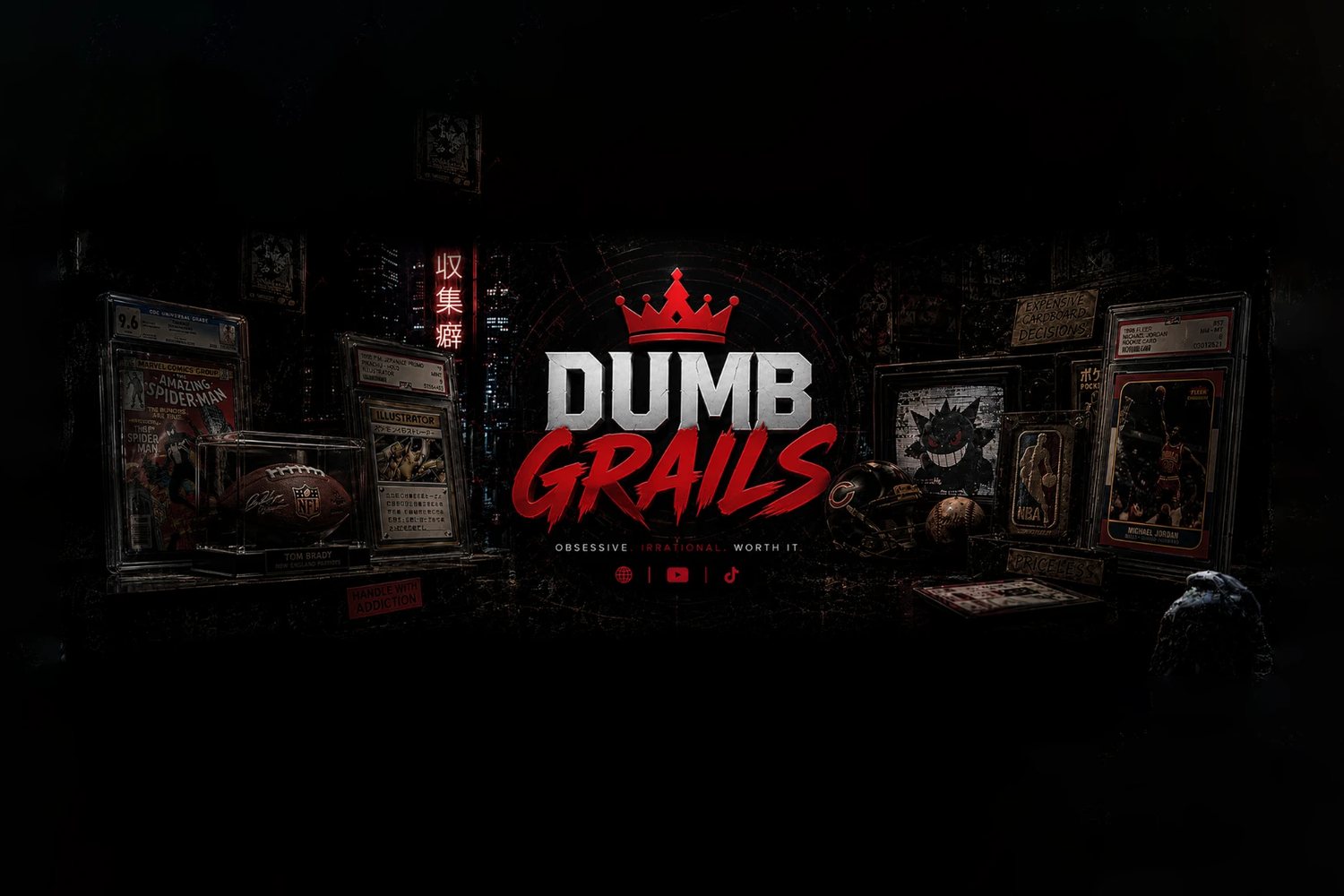 Dumb Grails logo surrounded by graded cards, a signed football and collectibles in a dark display